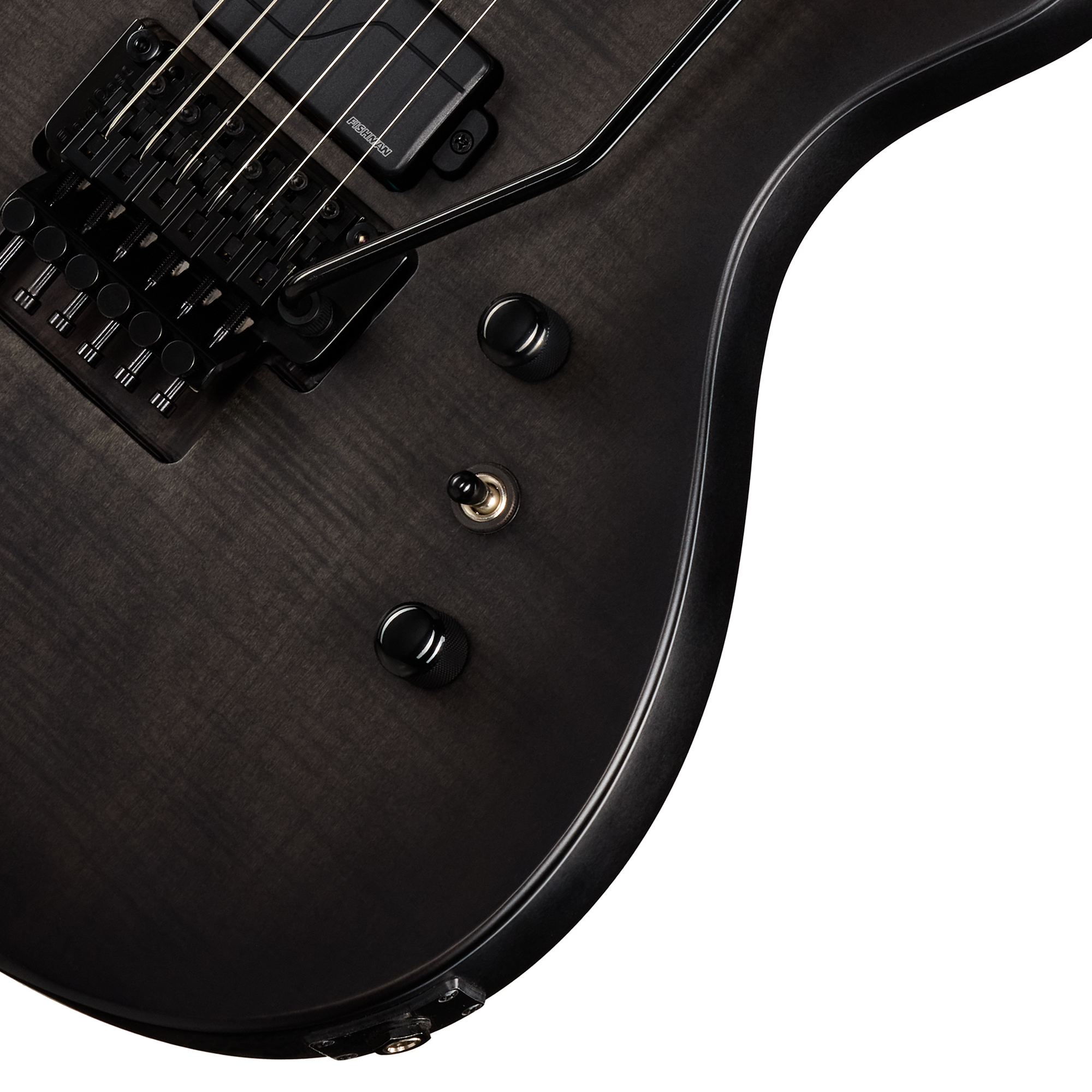 E-Gitarre, schwarzer Korpus, matte Oberfläche, Humbucker-Tonabnehmer, Floyd-Rose-Tremolo